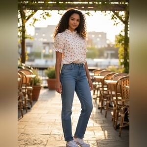 Women's Les Amis Blouse M White Orange Floral Ruffle Mock Neck NEW